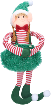 Pełna postać uśmiechniętej elfki świątecznej z zielonym kapeluszem, puszystą spódniczką i czerwono-białymi paskami.