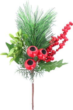 Zbliżenie na sztuczną gałązkę świąteczną: zielone igły, lśniące czerwone jagody i biały szron.