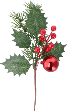 Sztuczny ostrokrzew świąteczny z zielonymi liśćmi, czerwonymi jagodami i czerwoną błyszczącą bombką, widok z przodu.
