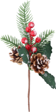 Świąteczny pick dekoracyjny z sztucznymi igłami, czerwonymi jagodami i brązowymi szyszkami, oprószony śniegiem.