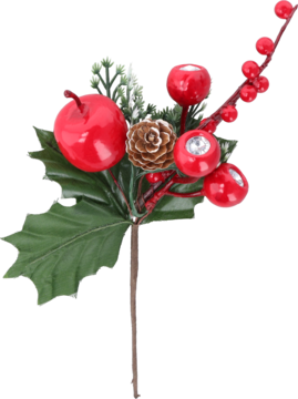 Świąteczna gałązka dekoracyjna: czerwone jagody, szyszka, szronione igliwie i liście ostrokrzewu, widok z bliska.