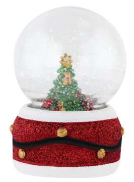 Świąteczna kula śnieżna z choinką i prezentami, czerwona brokatowa podstawa ze złotymi guzikami, widok z przodu.