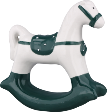 Biały ceramiczny konik na biegunach z ciemnozielonym siodłem w białe kropki, widok z boku.