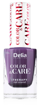 Delia Cosmetics COLOR & CARE lakier do paznokci, fioletowy, terapeutyczny, w szklanej butelce z białym korkiem.