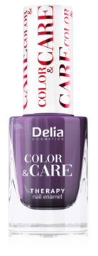Delia Cosmetics COLOR & CARE lakier do paznokci, fioletowy, terapeutyczny, w szklanej butelce z białym korkiem.