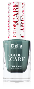 Delia Cosmetics Color&Care Therapy, turkusowy lakier do paznokci w szklanej butelce, biała nakrętka.