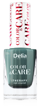 Delia Cosmetics Color&Care Therapy, turkusowy lakier do paznokci w szklanej butelce, biała nakrętka.