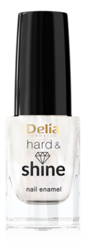 Delia Cosmetics Hard&Shine utwardzający lakier do paznokci, biały perłowy, w przezroczystej butelce z czarną nakrętką.