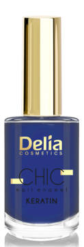 Granatowy lakier do paznokci Delia Cosmetics Chic Keratin, ze złotą nakrętką, front butelki.