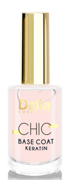 Delia Cosmetics Chic Base Coat Keratin w przezroczystej butelce z jasnoróżową cieczą i złotą nakrętką. Widok z przodu.