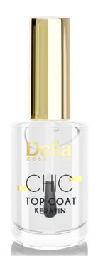 Przezroczysty top coat Delia Chic Keratin w butelce ze złotą nakrętką i pędzelkiem, widok z przodu.