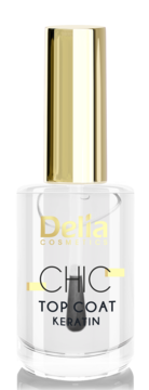 Przezroczysty top coat Delia Chic Keratin w butelce ze złotą nakrętką i pędzelkiem, widok z przodu.