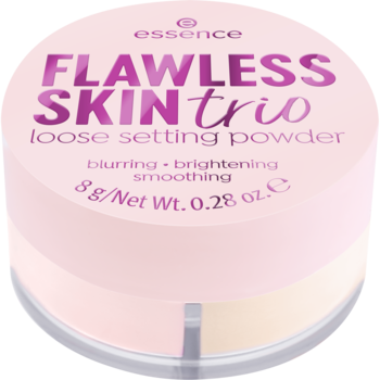 Essence Flawless Skin Trio sypki puder 3w1, różowy słoiczek, matujący, z widocznymi 3 odcieniami, z góry.