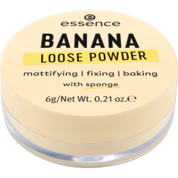 Sypki puder matujący Essence Banana Loose Powder w żółtym słoiczku z napisem "BANANA LOOSE POWDER", widok z góry.