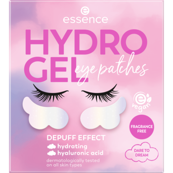 Essence Hydro Gel Eye Patches, różowe opakowanie, wegańskie chmurki na opuchliznę z hialuronem, widok przód.