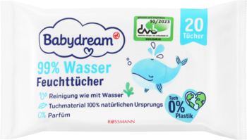 Chusteczki nawilżane Babydream 99% Woda, biała paczka z niebieskim wielorybem. 20 sztuk, 0% plastiku, bez perfum.