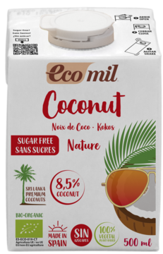 Ecomil Coconut Nature drink, sugar-free, plant-based, 500ml carton, front view with red text and coconut graphic.