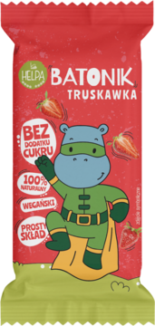 Czerwony batonik truskawkowy Helpa, z kreskówkowym hipopotamem. Naturalny, wegański, bez dodatku cukru. Widok z przodu.