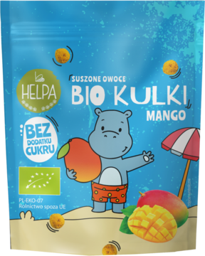 Niebieskie opakowanie Helpa BIO Kulki Mango, suszonych kulek, z hipopotamem i napisem BEZ DODATKU CUKRU.
