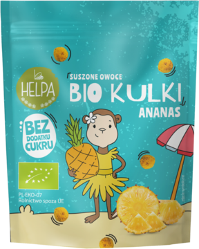 Helpa Suszone Bio Kulki Ananas w zielonej torebce, z wesołą małpką i ananasem, bez dodatku cukru. Widok z przodu.