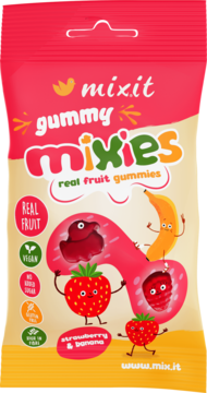 Czerwono-beżowa torebka Mixit Gummy Mixies truskawka-banan, wegańskie żelki z prawdziwych owoców, przód.