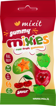 Czerwono-żółte opakowanie Mixit Gummy Mixies, kwaśne gumy owocowe, wegańskie i bezglutenowe, z rysunkami owoców.