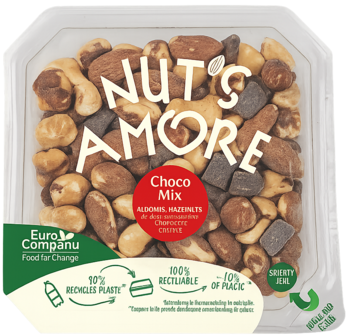 Nut's Amore Choco Mix: prażone orzechy (migdały, laskowe) i kawałki ciemnej czekolady w przezroczystym pojemniku, widok z góry.