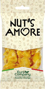 Nut's Amore Suszony Ananas w beżowej torebce, widok z przodu. Żółte kawałki ananasa widoczne przez okienko.