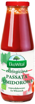 EkoWital ekologiczna passata pomidorowa w szklanej butelce, biała etykieta z zielonym logo i mapą Włoch.
