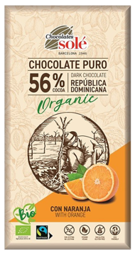 Czekolada Solé 56% kakao z pomarańczą, organiczna i fairtrade, opakowanie w brązowo-pomarańczowych barwach, widok z przodu.