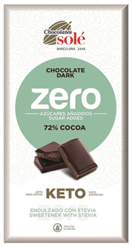 Czekolada Solé Dark Zero 72% kakao, bez cukru, ze stewią, na białym opakowaniu z zielonym okręgiem. Keto. Widok z przodu.