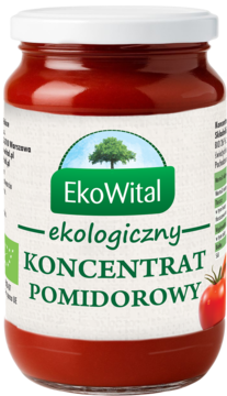 Ekologiczny Koncentrat Pomidorowy EkoWital w szklanym słoiku, z zielono-białą etykietą i logo drzewa, widok z przodu.