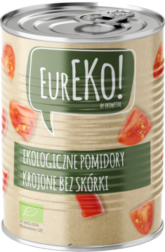 Srebrna puszka EurEKO! ekologicznych pomidorów krojonych bez skórki, z zielono-beżową etykietą i liściem UE, widok z przodu.