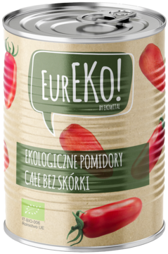 Srebrna puszka EurEKO! z zieloną etykietą, przedstawiająca całe ekologiczne pomidory bez skórki, widok z przodu.