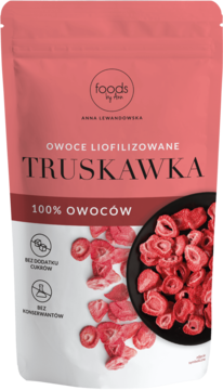 Opakowanie liofilizowanych truskawek Foods by Ann, biało-różowe, z owocami w misce. Naturalna przekąska bez cukru.