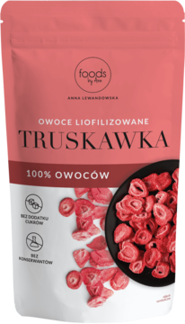 Opakowanie liofilizowanych truskawek Foods by Ann, biało-różowe, z owocami w misce. Naturalna przekąska bez cukru.