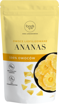 Żółta torebka Foods by Ann: liofilizowany ananas 100% owoców bez cukru, z widocznymi chrupiącymi plastrami.