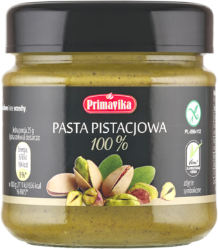 Primavika Pasta Pistacjowa 100% w szklanym słoiku, z czarną etykietą, czerwonym logo i grafiką pistacji.