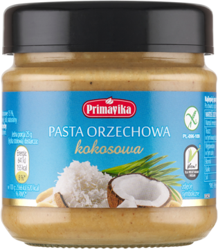 Słoik bezglutenowej i wegańskiej Pasty Orzechowej Kokosowej Primavika, z czarną nakrętką, widok z przodu.