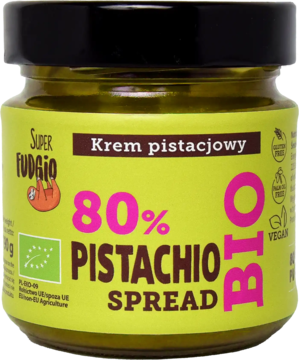 Super Fudgio ekologiczny krem pistacjowy 80% BIO w szklanym słoiku z czarną nakrętką, widok frontalny na zieloną etykietę.