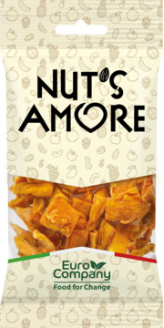 Front opakowania Nut's Amore Suszone Mango, z oknem pokazującym intensywnie pomarańczowe kawałki. Logo Euro Company.