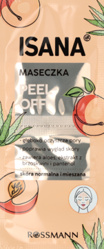Pomarańczowa saszetka Isana Maseczka Peel-Off z brzoskwinią i aloesem, do skóry normalnej i mieszanej.