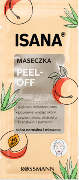 Isana Maseczka Peel-Off z aloesem i brzoskwinią. Brzoskwiniowy sachet, widok z przodu, dla cery normalnej i mieszanej.