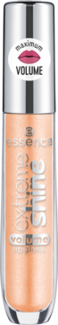 Essence Extreme Shine błyszczyk 08 Gold Dust. Przejrzysty z drobinkami, w butelce z napisem "Maximum Volume".