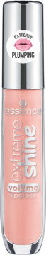 Essence Extreme Shine Volume Lip Gloss brzoskwiniowy. Przezroczysta tubka ze srebrną nakrętką z napisem PLUMPING.