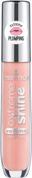 Essence Extreme Shine Volume Lip Gloss brzoskwiniowy. Przezroczysta tubka ze srebrną nakrętką z napisem PLUMPING.