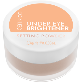 Rozjaśniający puder pod oczy Catrice Under Eye Brightener w brzoskwiniowym słoiczku. Widok z przodu pod kątem.