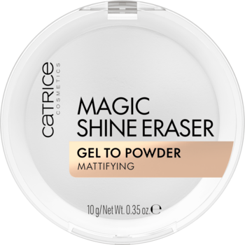 Puder w żelu Catrice Magic Shine Eraser matujący, białe okrągłe opakowanie, widok z góry.