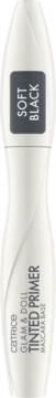 Catrice Glam & Doll Tinted Primer Soft Black mascara base, white ergonomic tube with vertical text, frontal view.