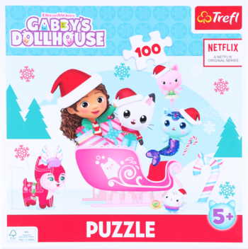 Trefl Gabby's Dollhouse, puzzle 100 el. Widok przodu. Zimowa scena z Gabby, Pandy Paws, kotkami w różowych saniach.